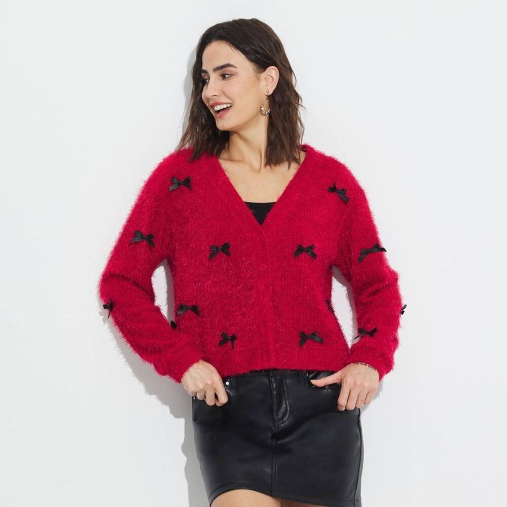 Women's Bow Embellished Cardigan - Wild Fable Red M